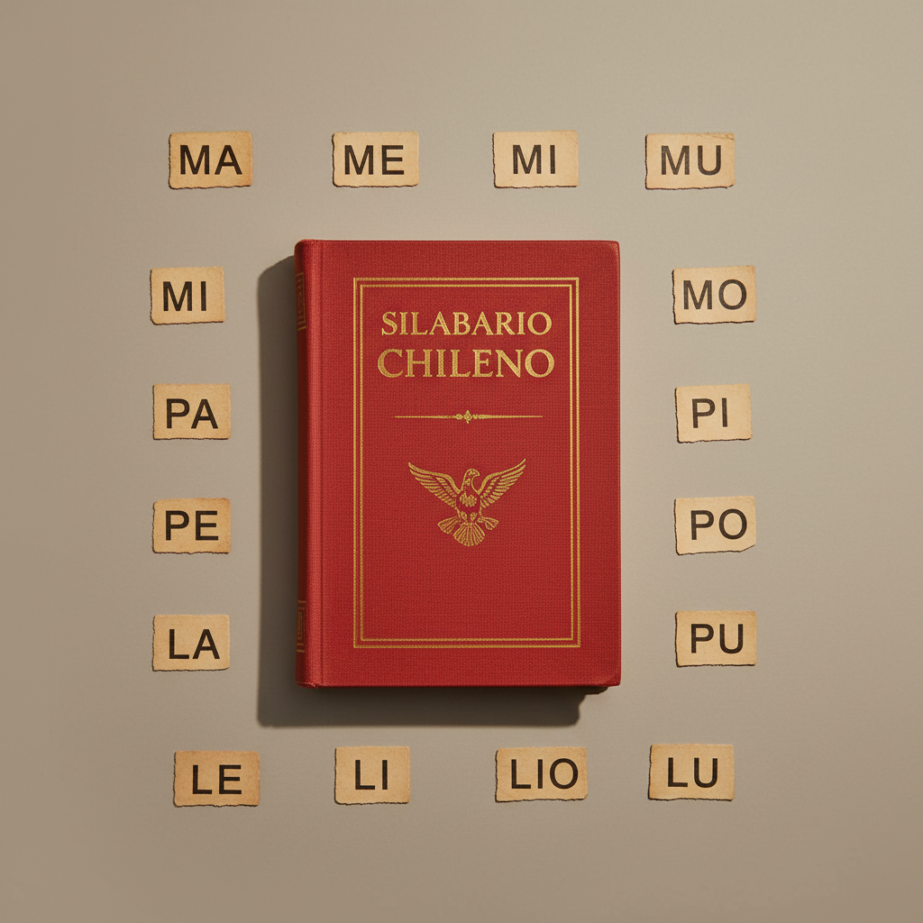 Un silabario chileno clásico de tapa dura, cubierto en tela roja texturizada con título dorado ligeramente desgastado, reposando cerrado en el centro de un fondo neutro gris cálido. A su alrededor, dispuestas con precisión, pequeñas tarjetas de cartulina envejecida con sílabas impresas en tinta negra, recortadas a mano con bordes irregulares. Luz de estudio suave desde un costado, generando sombras limpias y definidas que resaltan el relieve del lomo y la textura del papel. La composición es minimalista, con encuadre cenital tipo vista de pájaro y amplio espacio negativo, transmitiendo una atmósfera contemplativa y museográfica. Estilo fotográfico limpio y moderno, pensado para portada web de museo digital, con énfasis en el objeto como pieza patrimonial.
