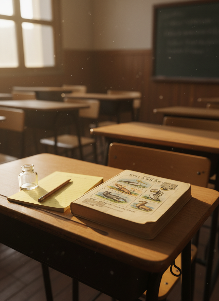 Un escritorio escolar de madera clara de estilo antiguo, sin silla, sobre el cual reposa un solo silabario chileno muy usado, de tapas blandas con esquinas dobladas, etiquetas adhesivas antiguas y marcas de biblioteca escolar. El libro está abierto en una lección de sílabas con ilustraciones de animales del litoral chileno. A un costado, un tintero de vidrio vacío y un lápiz grafito de madera natural muy corto, apoyados sobre un cuaderno rayado amarillento. Luz cálida de tarde entra lateralmente, atravesando un ventanal fuera de cuadro y proyectando sombras alargadas sobre el escritorio. La composición fotográfica, en ligero ángulo oblicuo y con profundidad de campo media, construye una atmósfera melancólica, evocadora de aulas chilenas del pasado, en estilo de realismo fotográfico.