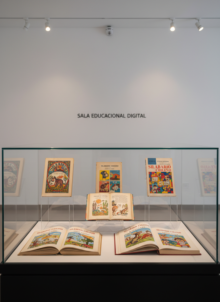 Una vitrina museográfica contemporánea sin personas, de líneas muy limpias en vidrio y metal negro mate, conteniendo una exposición cuidadosamente dispuesta de distintos silabarios chilenos: algunos abiertos mostrando ilustraciones, otros de pie mostrando lomos y portadas de diferentes décadas. La vitrina se sitúa en una sala blanca minimalista con señalética discreta en tipografía moderna al fondo, apenas legible y desenfocada. Iluminación dirigida de museo desde el techo, con haces cálidos que caen sobre los libros, creando brillos controlados sobre las cubiertas plastificadas y sombras suaves detrás de cada ejemplar. Toma fotográfica frontal a nivel de ojos, con composición equilibrada y simetría ligera, evocando la sensación de un museo físico pero con estética limpia y digital, ideal para un museo escolar en línea.