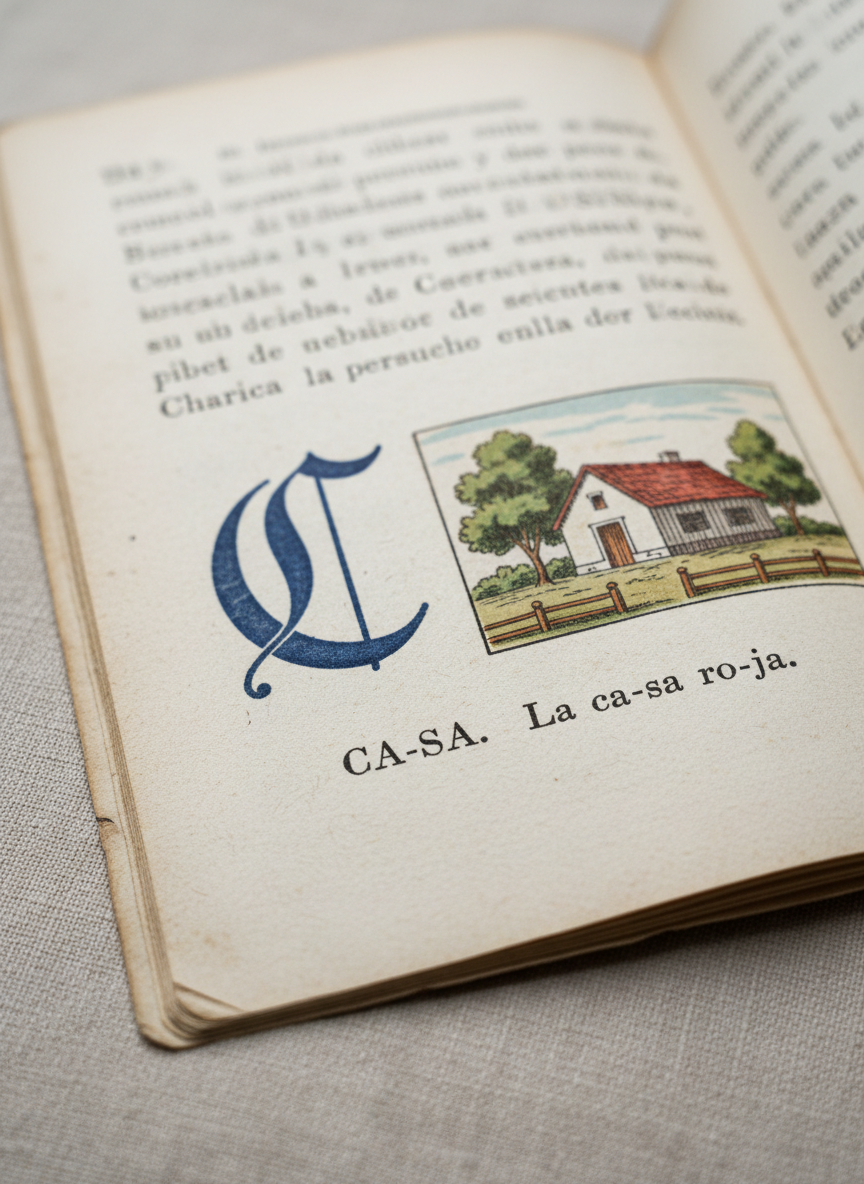 Un plano detalle fotográfico de una página abierta de silabario chileno antiguo, mostrando una gran letra inicial en tinta azul, acompañada de un grabado en colores planos de una casa de campo y un breve texto de lectura silábica en español. El papel se ve fibroso, con manchas de tiempo y bordes ligeramente ondulados. La página descansa sobre una superficie de lino beige casi imperceptible. Luz natural difusa de día nublado entra desde arriba, realzando la textura del papel y creando sombras muy suaves en las hendiduras del grabado. Profundidad de campo muy corta, con la letra y la ilustración en foco perfecto y el resto de la página desenfocado, generando una atmósfera íntima, poética y de archivo, en estilo de realismo fotográfico.